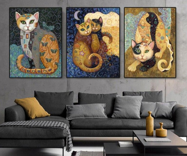 Toile Murale Gustav Klimt Chat Jaune Rétro - Affiche Artistique Chat Peintures, Décoration Salon Sans Cadre