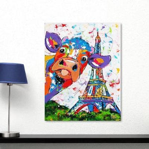 Toile colorée la vache et la Tour Eiffel