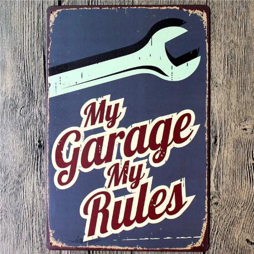 Plaque métal rétro 'Rockabilly Garage' gris vintage - 60x46 m - [R6619]