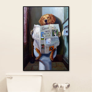 Toile Chien lisant le journal dans les toilettes