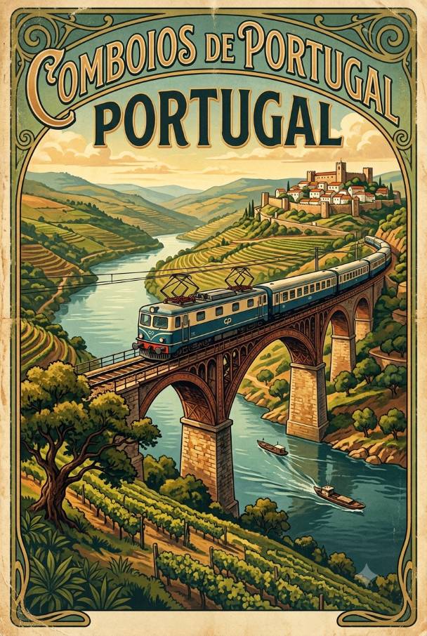 Affiche Vintage Train du Portugal – Combaios de Portugal