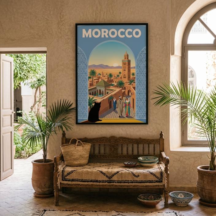 Poster Maroc Vintage et le Chat Voyageur