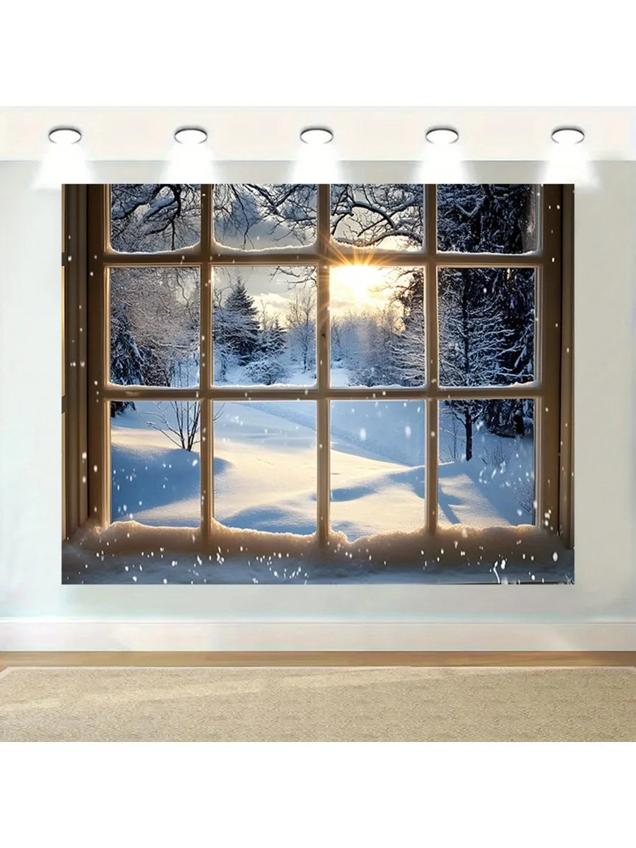 Toile imprimée trompe-l'œil fenêtre vue sur montagne enneigée et paysage d'hiver ensoleillé - Fine Art France