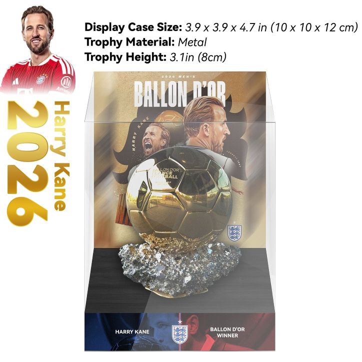 Réplique du Ballon d’Or 2026 de Harry Kane version Bayern Munich avec trophée doré et vitrine transparente