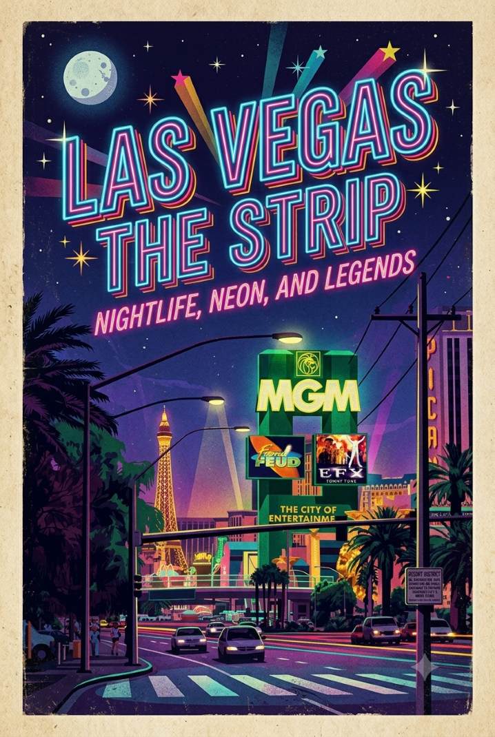 Poster Vintage Las Vegas – "The Strip: Nightlife, Neon, and Legends" | Affiche Toile HD